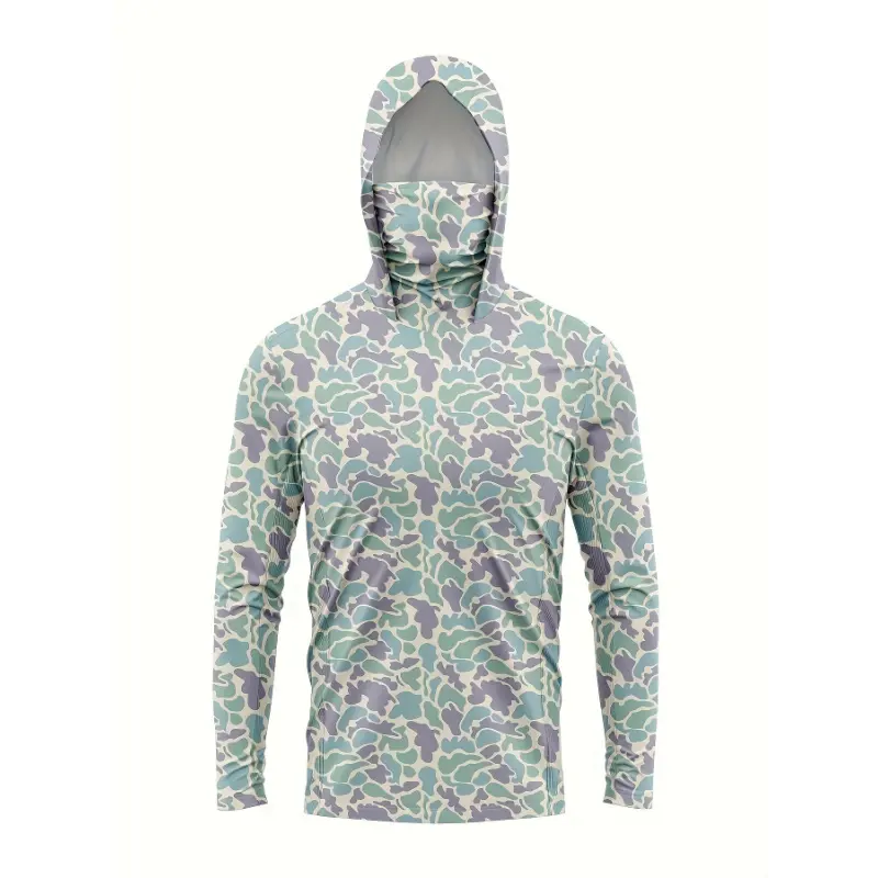 Men's Camo Quick-Dry Hooded Fishing Sweatshirt - 100% Polyester Knit Fabric, Long Sleeve, Medium Stretch, Sun Protection, Regular Cut, Machine Washable, Male Outdoor Top for Fishing, Hiking, Beach, Going Out (Sweatshirts & Hoodies)