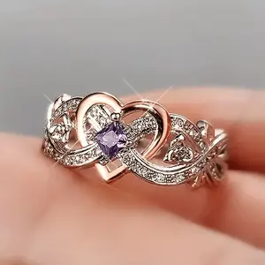 Delicate Silvery Plated Purple Synthetic Zirconia Inlaid Women's Heart Two-Tone Anniversary Engagement Wedding Ring