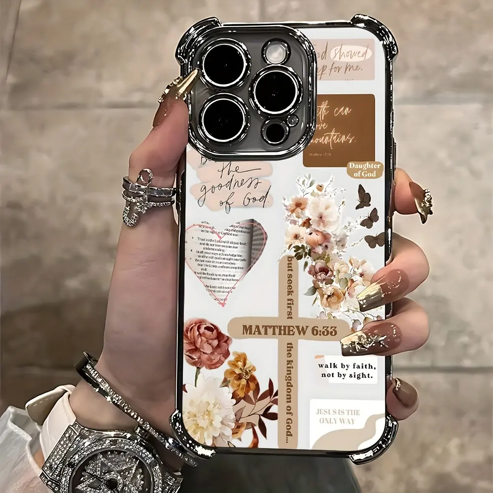 Four-corner Thickened Mobile Phone Case for iPhone 17 Air 16 15 14 13 12 11 Pro Max Plus 16e border Electroplating with counter-fall Safety Cushion Stylish Bible verse pattern Phone Case Suitable