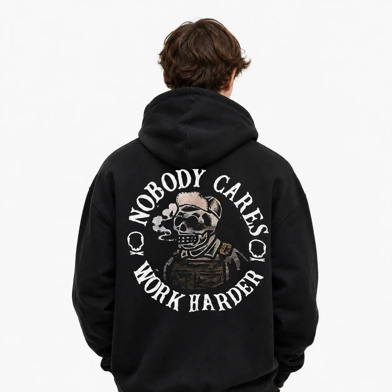 Men's Classic Loose Motivational Hoodie - Customized "NOBODY CARES WORK HARDER" Work Ethic Print Garment, Heavy-Duty Oversized Top, Kangaroo Pocket, Machine Washable (No Dryer), for Workouts & Casual Winter Wear, Soft Fabric, Mens Gift, Crew Neck