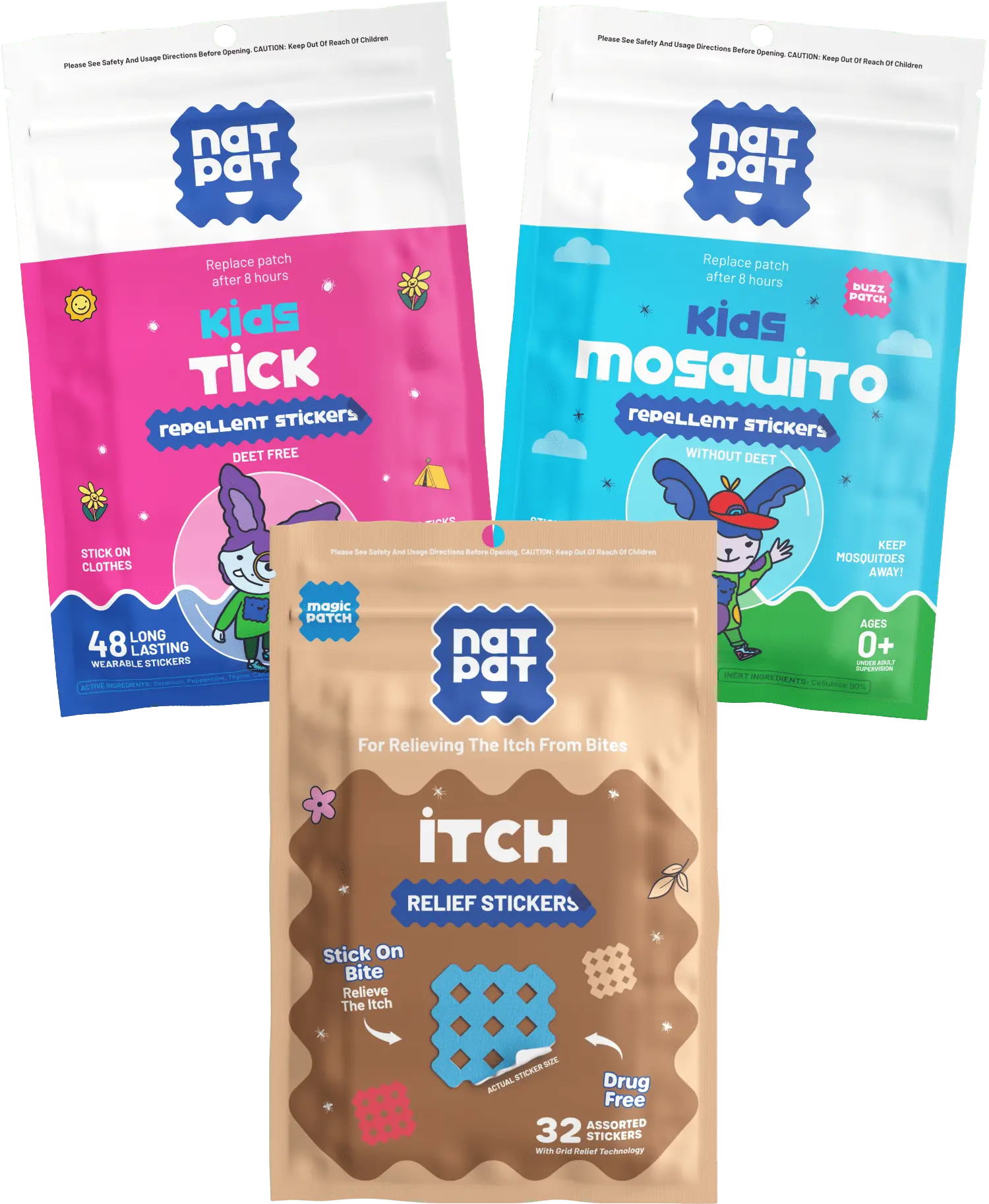 NATPAT Outdoor Summer Bundle for Kids (3-Pack) | BuzzPatch Mosquito Repellent, Tick Repellent and MagicPatch Itch Relief (140 Patches) | 100% Natural Peel-and-Stick Stickers