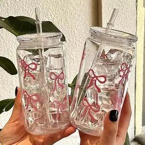 500ml Clear Portable Bottle with Lid & Straw, 1pc Cute Bowknot Design Water Bottle, Drinking Cup for Home Office School, Gift for Friend, Insulated Straw Cup