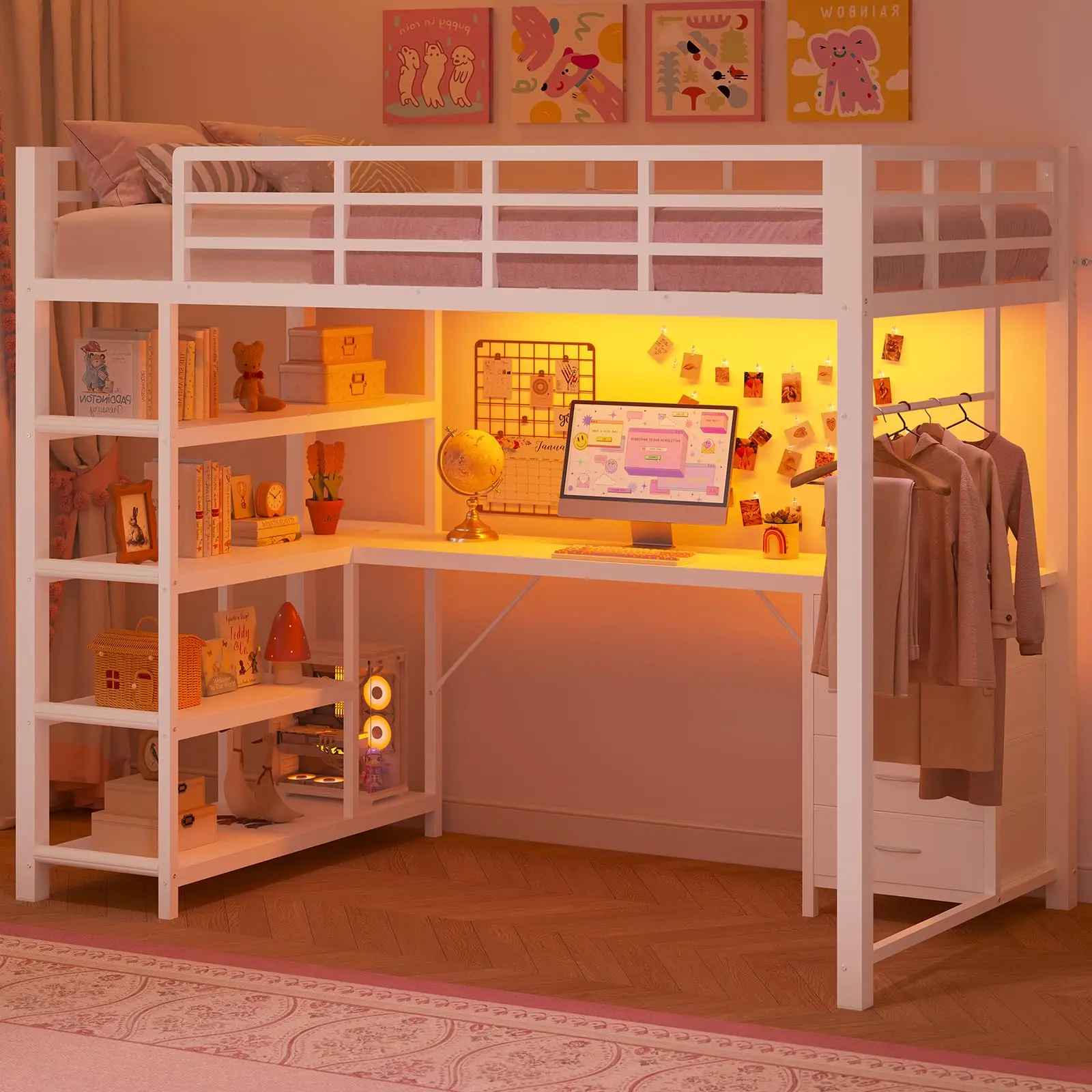 White Twin Size Silent Metal Frame Modern Bed with L-Shape Desk, 4 Drawers, 3-Tier Rectangle Bookshelf, Power Outlet, LED Lights, No Box Spring Needed, Space-Saving Storage Solutions