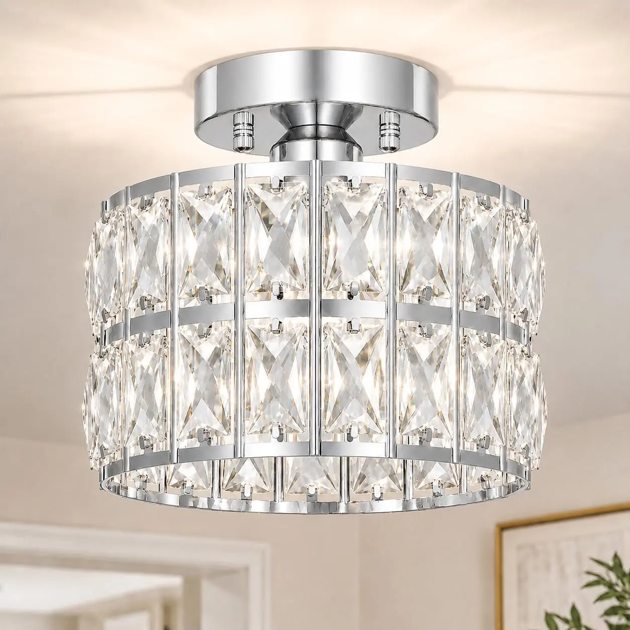 Lxybcce 1-Light Modern Chrome Crystal Semi-Flush Mount Chandelier Light, 8.8in Round Indoor Ceiling Fixture with Crystal Accents, LED Compatible for Kitchen, Entryway, 8.8 In