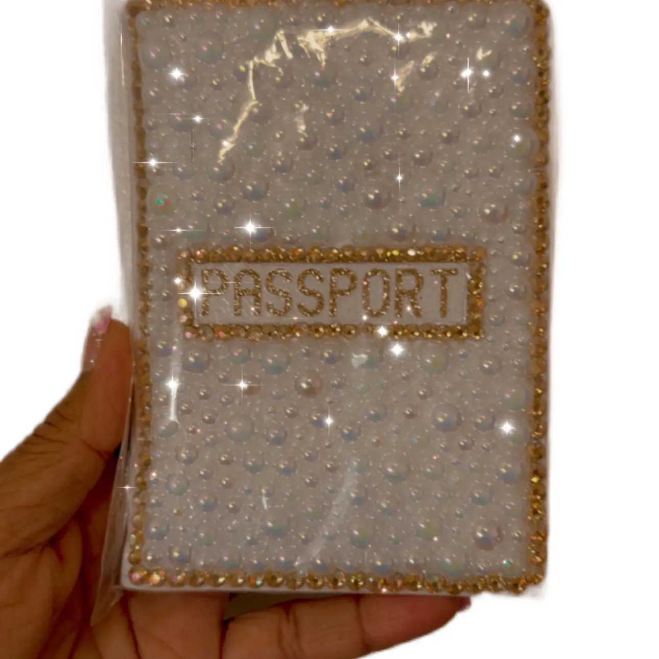 White pearls & Gold Rhinestones Passport Cover