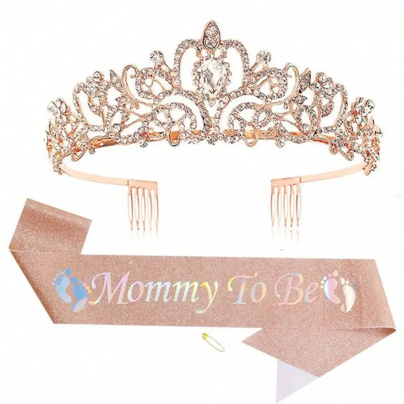 Mommy To Be Sash & Tiara Crown Set, Rose Gold Glitter Baby Shower Sash, Rhinestone Crown for Pregnant Mom, Ideal for Gender Reveal, Baby Sprinkle & Pregnancy Celebration Party Decor, Memorable Gift, Thoughtful Gift