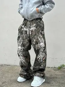 Men's Casual Camo Camouflage Pants with Barbed Wire Graphic Print, Loose-Fit Drawstring Wide Leg Joggers, All-Season Comfortable Men's Clothing, Casual Comfy Trouser, Loose Casual Bottoms, Casual Streetwear Trousers