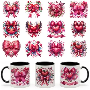 Valentine's Day Bow UV DTF Transfer Stickers Set, Romantic Bow & Floral Heart Designs, Vibrant & Durable for Mugs Tumblers, DIY Decorations, Floral Pattern Sticker, Crafts Cup Stickers