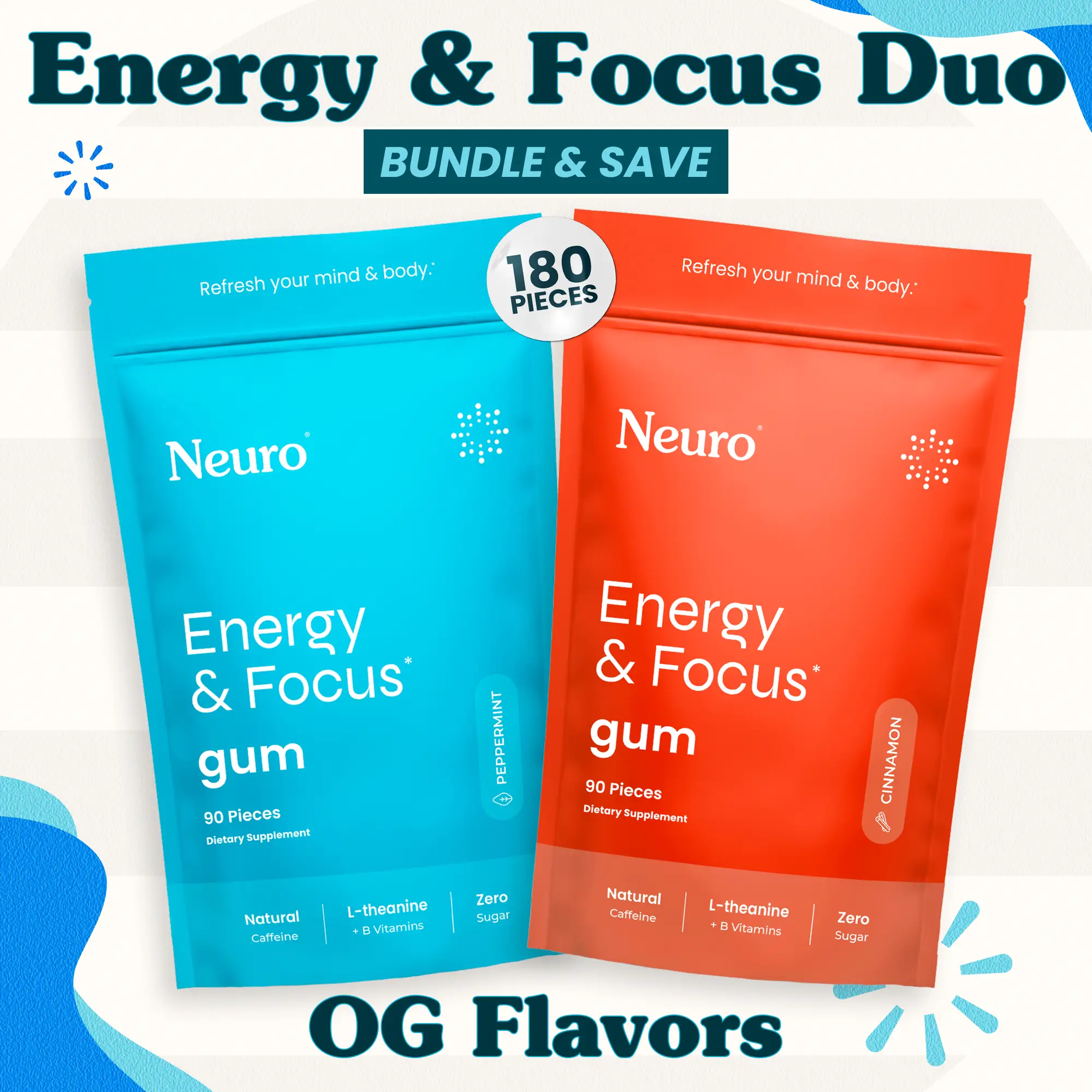 Energy & Focus Duo - Caffeine Gum - OG Flavors (2-Bulk Pouches)