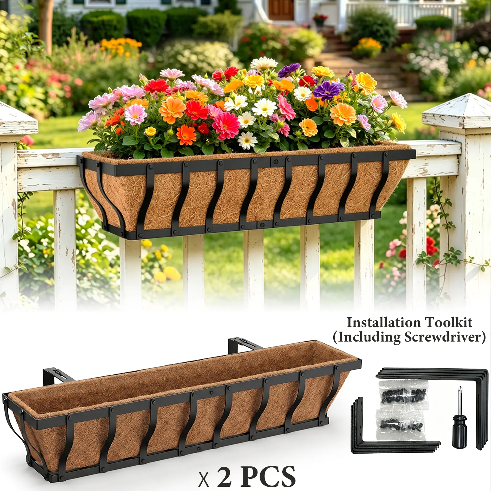 VOXOR Adjustable Iron Metal Railing Rod Hanging Planter Set (2-Pack), 30in Rod with 24" W x 6.89" D x 6.1" H Black Outdoor Baskets, 2-3 Coir Liners, Adjustable Hooks, 40 lbs Weight Limit, Easy Installation & Assembly (30inch 3-Pack Compatible)