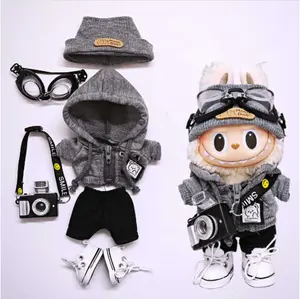 Labu-bu Kawaii Gray Sweater & Hat Outfit Set - Cute Plush Doll Cosplay Accessories(Doll Not Included)