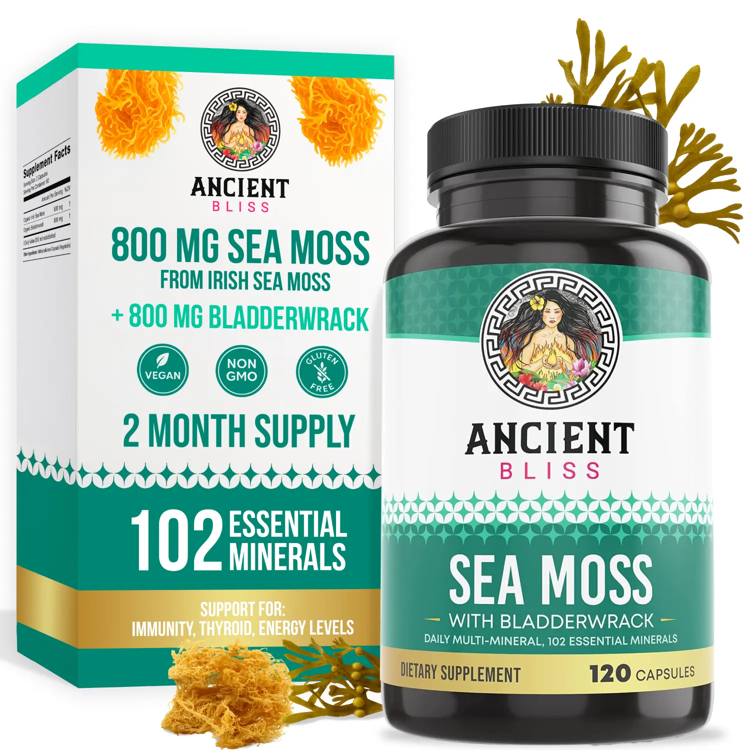 Ancient Bliss Organic Irish Sea Moss Pills - Dr Sebi Wildcrafted Natural, Gluten-Free, GMO-Free Edible Supplements for Adults, 120 Capsules, No Artificial Flavor, Thyroid, Skin & Gut Health, Skin Care Support
