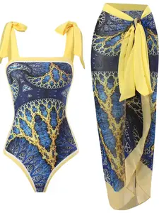 Women's All Over Print Knot Swimsuit Set, Boho Wrap Skirt & Sleeveless Bodysuit, Chic High Stretch Swimwear For Beach Vacation, Bikini Sets, Ladies Summer Clothes