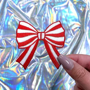 Red Striped Coquette Bow Patch Embroidered Iron-On