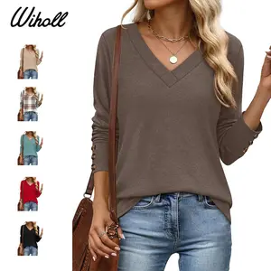 WIHOLL Long Sleeve Shirt for Women Fall Outfits 2025 Dressy Casual Fashion Clothing V Neck Tunic Tops with Button Womenswear Blouse