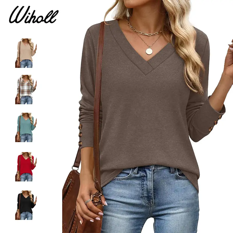 WIHOLL Long Sleeve Tunic Top for Women, V-Neck Dressy Casual Blouse with Button Detail, Soft Breathable Spandex Fabric, Fall Fashion Essential, Trendy Blouses, Long Sleeve Tops Women, Featherlight, Basic, Tunic Length Gives Easy Layering, Tucks Into Pants