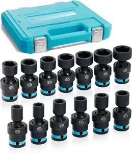 1/2" Drive Impact Swivel Socket Set, 13- Shallow Wobble Sockets, Universal Joint Socket Set Metric, Cr-Mo Steel, 6 Point, Organized in Sturdy Storage Case(10-24mm)