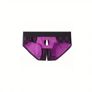 1pc Men's Soft Lace Patchwork Boxer Briefs - Comfortable & Erotic Open Front Crotchless Underwear, Purple & Black with Eyelet Detail