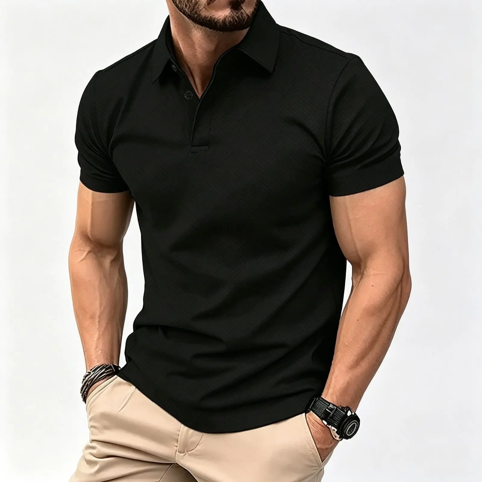 Men's Plain Short-Sleeve Breathable Polo Shirt - Stylish Diamond Texture Slim-Flattering Fit Top for Business Casual, Golf, Collared