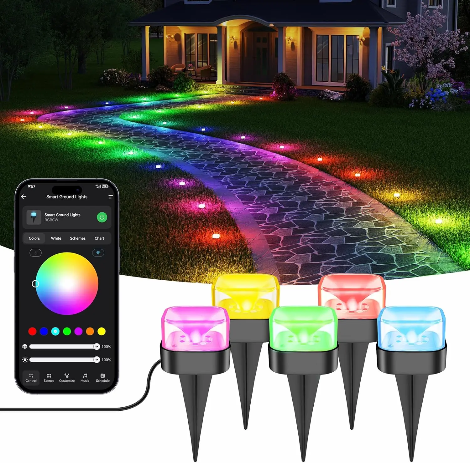 Brizled Smart Outdoor Ground Lights, 50FT 130LM RGBCW Color Changing LED Pathway Lights, App Control Landscape Lighting Works with Alexa & Google Assistant for Halloween Christmas Garden Yard Walkway, Ip67 Rating, Rgbcw Leds