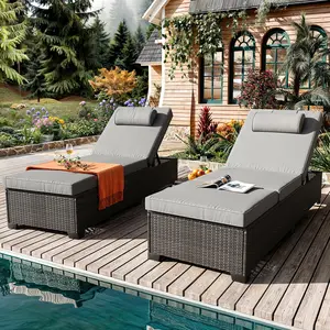 Set of 2 Adjustable PE Wicker Chaise Lounge Chairs, Outdoor Reclining Sun Loungers with Thick Cushions and Removable Side Table, All-Weather Rattan Pool Lounge Furniture for Poolside Deck Garden Backyard