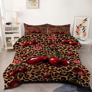 2/3pcs Vintage Leopard and Cherry Print Comforter Set Features Eye-Catching Red Cherries Against a Leopard Print Background, Making It Ideal for Vintage Bedrooms and Edgy Spaces. Includes 1 or 2 Pillowcases, Pillow Inserts Not Included.