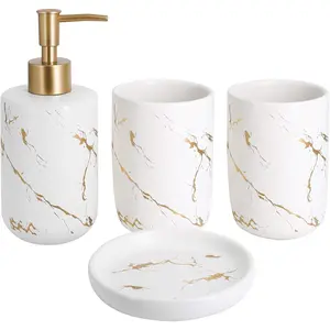 Bathroom Accessories Set Complete, 4 Pcs Ceramic Bathroom Decorations Accessories Sets Includes Lotion Dispenser, 2 Tumblers and Soap Dish for Bath Decor, Countertop