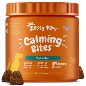 Zesty Paws Calming Bites for Dogs - 90 Soft Chew Treats with Suntheanine & Ashwagandha for Stress Relief & Calm Composure - Ideal for Training Supplements