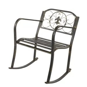 22.5 Inch Wrought Iron Rocking Chair with Bronze Brush Finish Arrow Back Design Patio Rocker Flat Tube Construction Lightweight Outdoor Porch Garden Seat