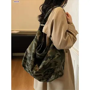 Large Canvas Backpack, Vintage Camo Print Unisex School Bag, Spacious Travel Backpack for Work, Commute, Shopping