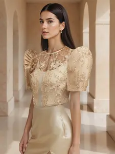 Modern Bolero Filipiniana Ladies' Lace Puffed Short-Sleeved Short  top