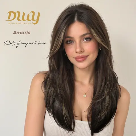 【CLEARANCE SALE】Amaris -DWY 13×4 Lace Front Free Part Long-Length Straight Brown with Yellow Highlights Beautiful Layer Glueless Synthetic Wig for Women 24 Inches