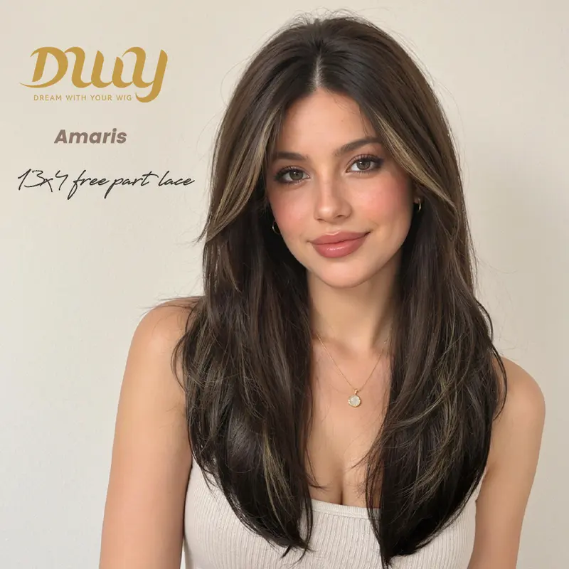 【CLEARANCE SALE】Amaris -DWY 13×4 Lace Front Free Part Long-Length Straight Brown with Yellow Highlights Beautiful Layer Glueless Synthetic Wig for Women 24 Inches
