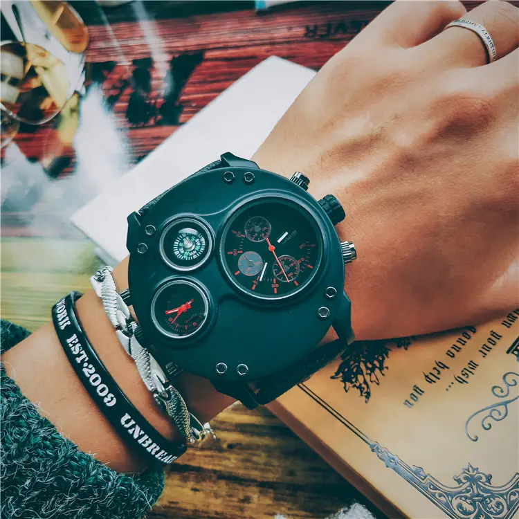 Cool Fashion Round Oversized Men's Punk Style Dual Time Zone Watch with Guide Ball Gift Box Perfect Stylish Men's Gift American Street 56mm Dial 28mm Band Width 120g Weight