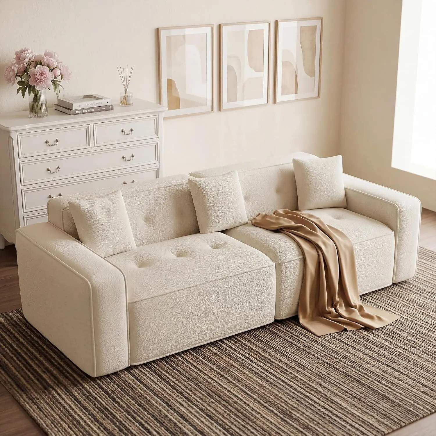 [Summergarden] Vabches 100" Cloud Boneless Couch for Living Room,3 Seater Comfy Sofa with 2 Pillows,Oversized Modular Sectional Sofa with Wide Armrest and Deep Seat,No Assembly Needed,Loveseat