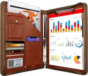 Zippered Portfolio Organizer, Leather Padfolio with 3 Ring Binder, Professional Business Binder, Organizer for IPad/Document, Phone & Business Cards, Office Gifts for Men or Women (Brown)