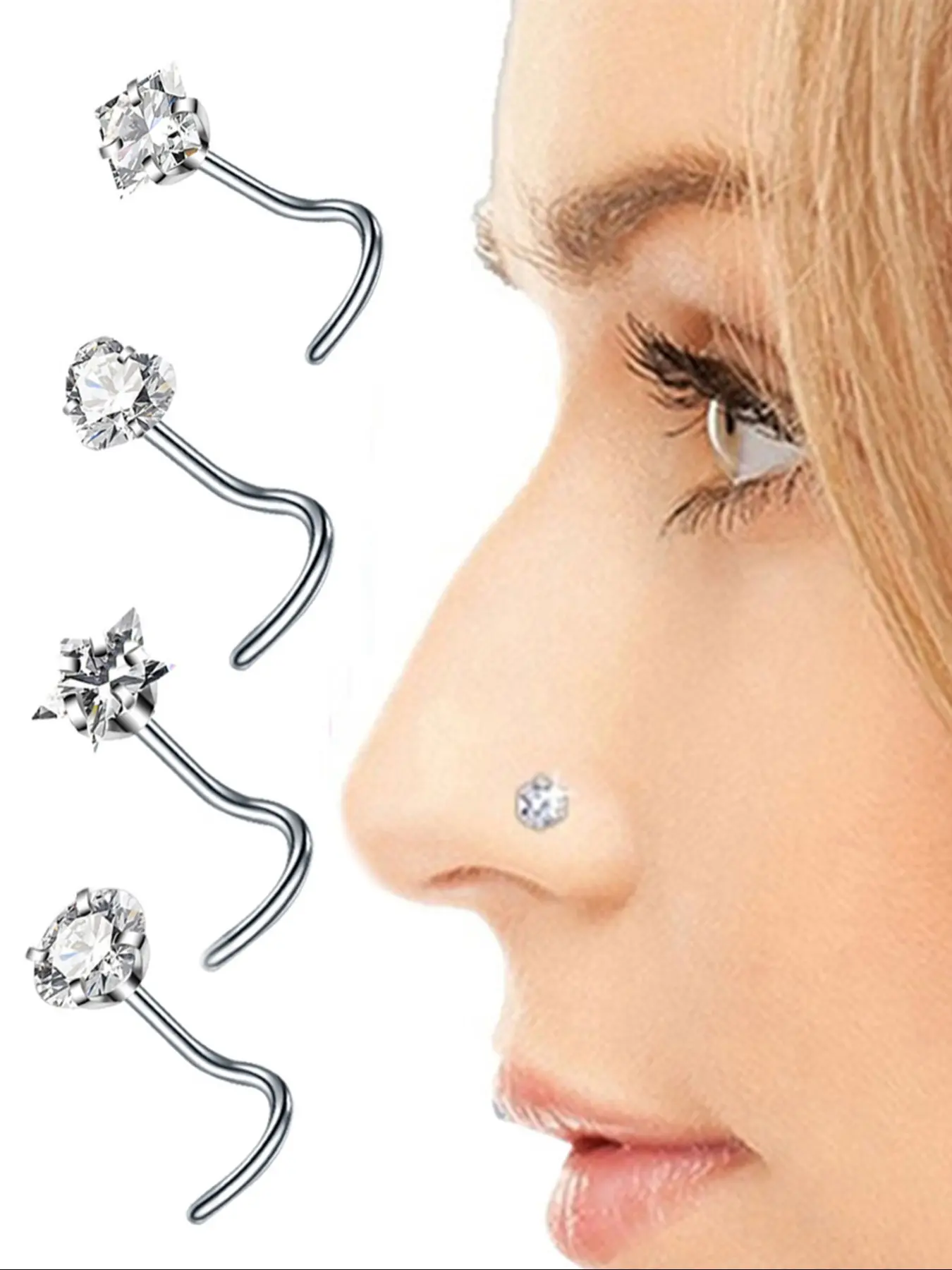 Unisex Hip Hop Style Stainless Steel Nose Ring Set, Nose Piercing Jewelry, Body Jewelry, Simple Zircon Piercing Studs, Daily Wear Accessories, Perfect Gift for Men and Women