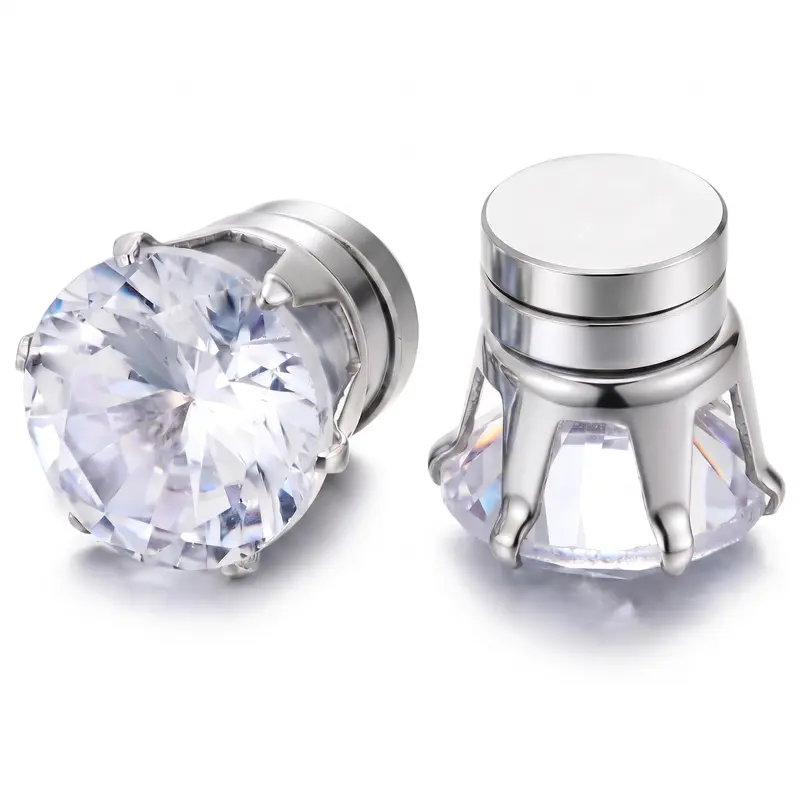1 Pairs Unisex Magnetic Cubic Zirconia Stud Earrings, Polished Stainless Steel Non Piercing Jewelry, Classic Pierced Look