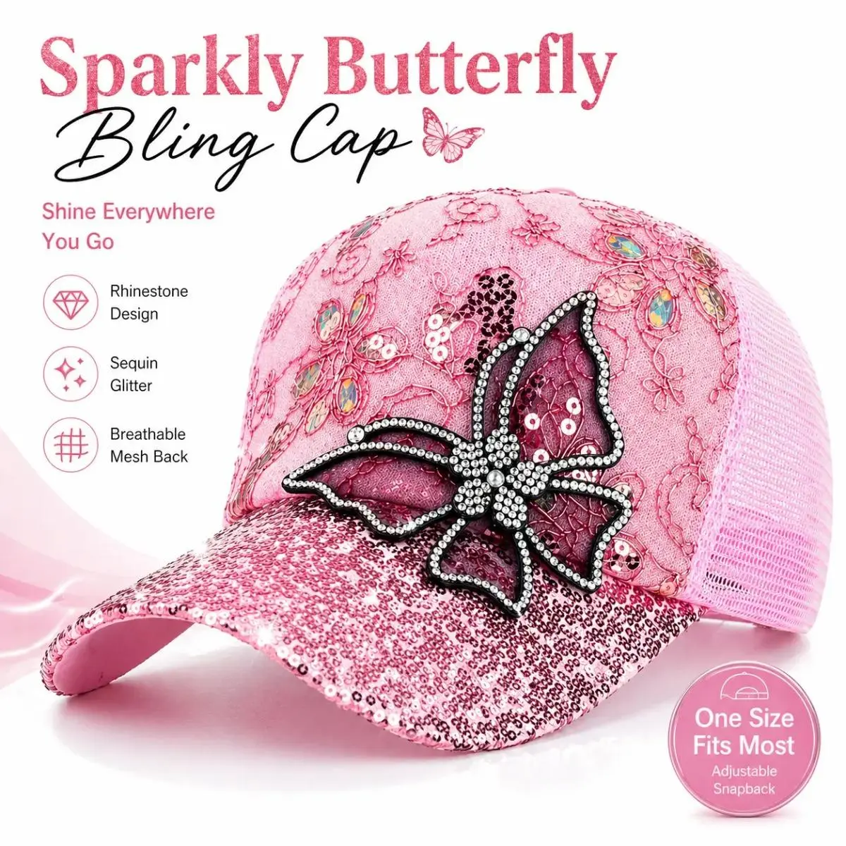 Women's Pink Rhinestone Butterfly Mesh Trucker Hat - Adjustable Bling PVC Cap, 1 Size Fits Most, Mesh Adds Airflow, for Auspicious Engagement, Christmas Events, Fashion Accessory, Mesh Trucker Hats, Funky