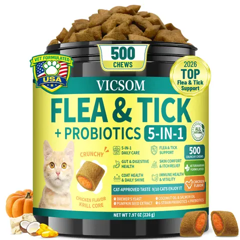 VICSOM Probiotic Cat Crunchy Krill Chews, 500-Count Chicken Flavor Jar with Pumpkin Seed Extract, Brewer’s Yeast, Coconut Oil, Salmon Oil Nourish – Gut Balance Support, Soft Shiny Coat, Flea & Tick Support (All Ages, All Breeds)