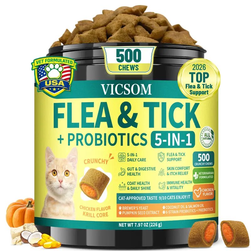 VICSOM Probiotic Cat Crunchy Krill Chews, 500-Count Chicken Flavor Jar with Pumpkin Seed Extract, Brewer’s Yeast, Coconut Oil, Salmon Oil Nourish – Gut Balance Support, Soft Shiny Coat, Flea & Tick Support (All Ages, All Breeds)