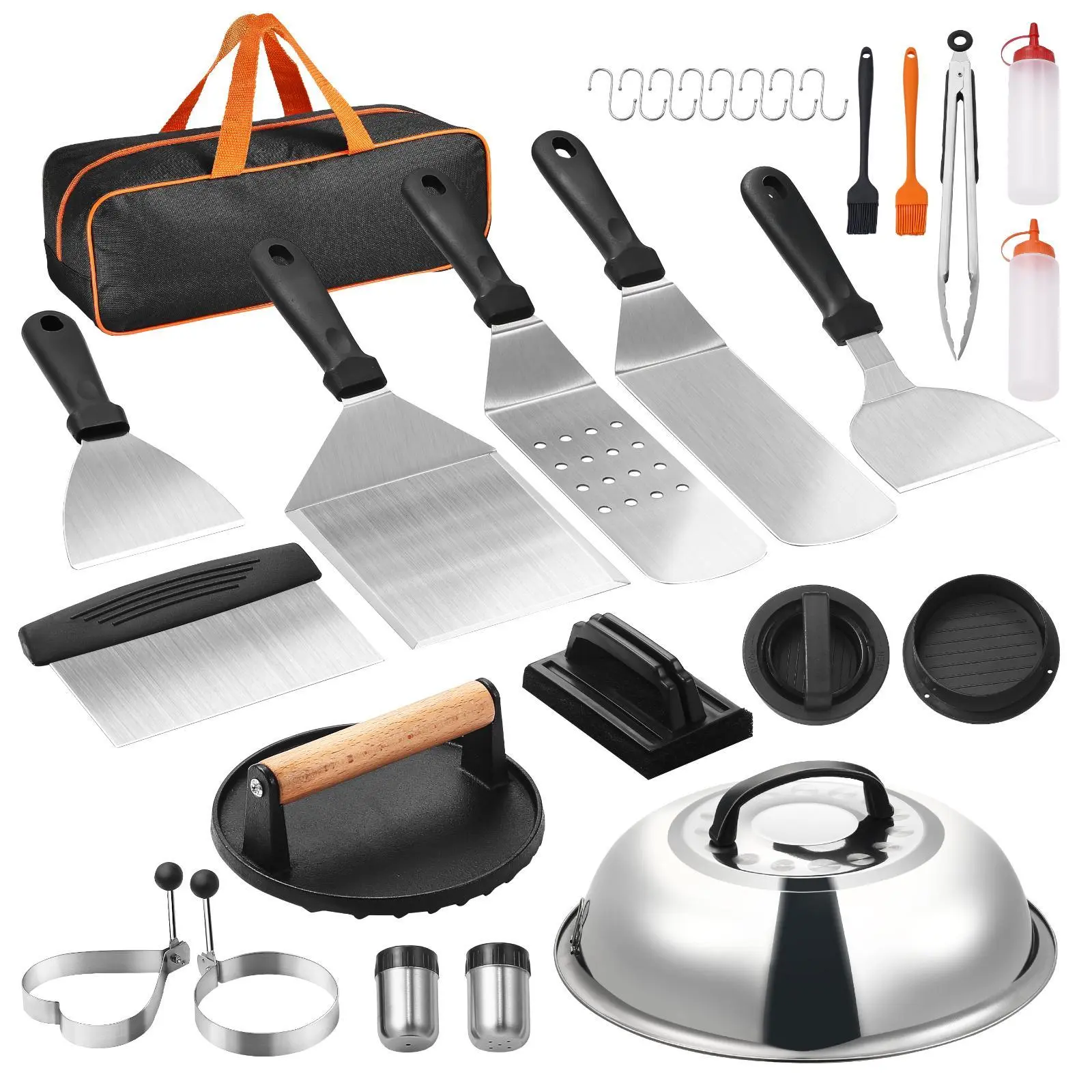 【SummerFinds】VEVOR 28PCS Stainless Steel Griddle Accessories Kit with Silicone Handles - BBQ Grill Utensils Set Including Enlarged Spatula, Basting Cover, Tong, Burger Press, Carry Bag for Outdoor BBQ, Teppanyaki Meat Prep,dorm essentials,home decor