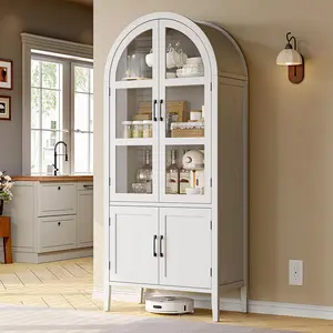 ONBRILL 71''Tall Arched Storage Display Cabinet, 5-Tier Kitchen Pantry With Glass Doors & Shelves