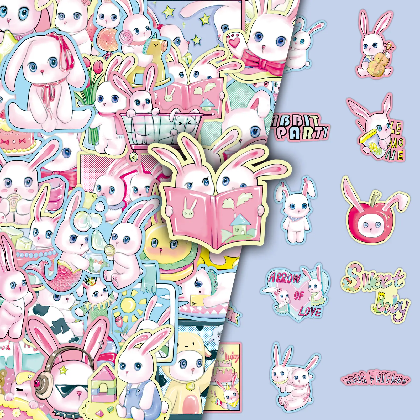 100 Sheets Puff Rabbit Stickers (2 Repeating Sets), Cute Cartoon Animal DIY Decals for Journaling, Scrapbooking, and Planner Decoration