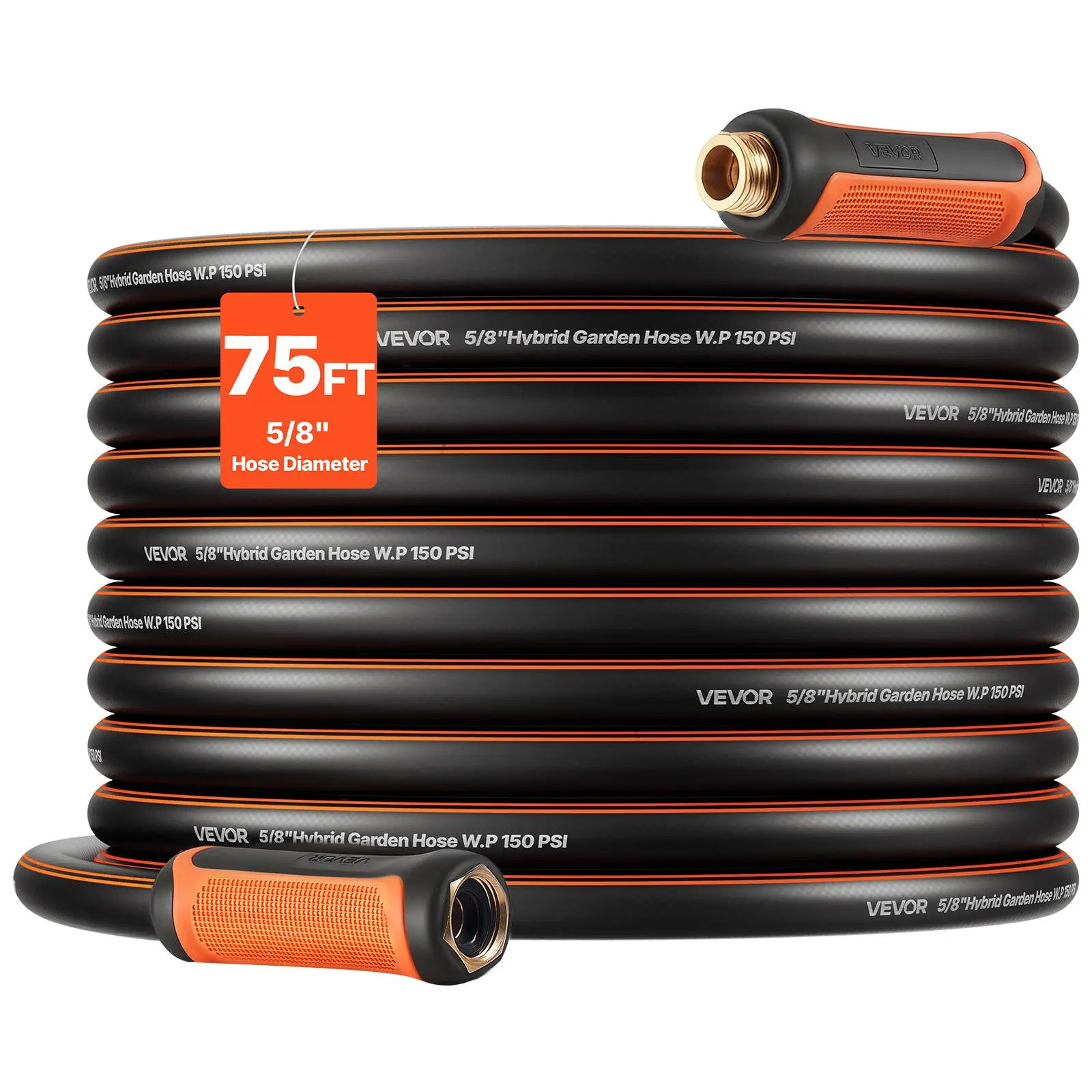 VEVOR Garden Hose, 75 ft 5/8" Heavy Duty 4-Layer Rubber Water Hose, 150PSI Working & 600PSI Burst, Flexible & Non-kink Outdoor Waterhose with 3/4" Fitting, Lightweight Hoses for Gardening Cleaning#BackToSchool