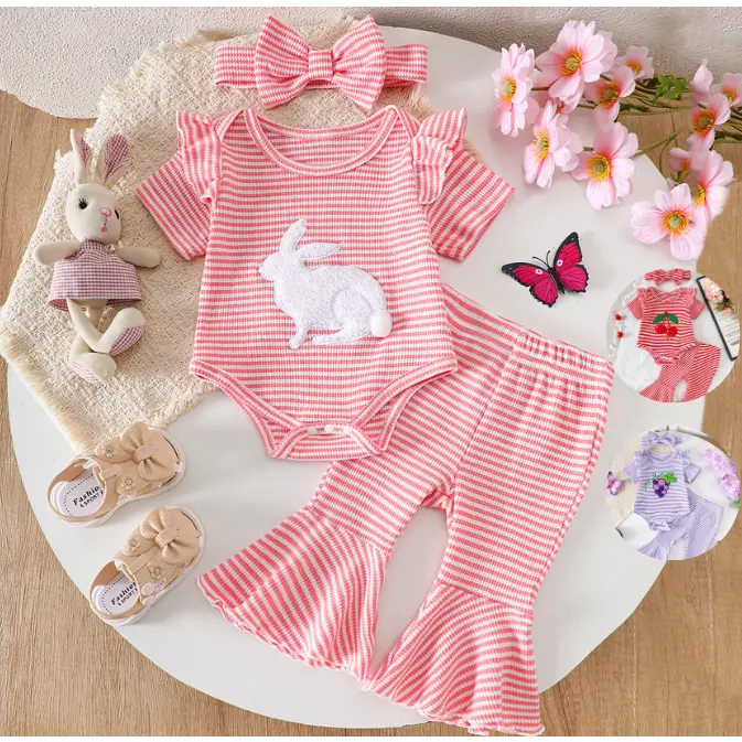Baby Girls Rabbit Embroidery Stripes Ruffle Sleeve Romper Tops Bell-bottom Pants Headband 3Pcs Clothes For Easter C462