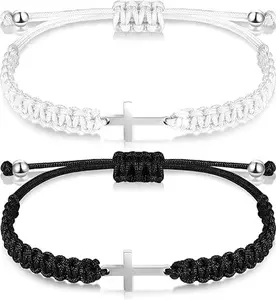 2 Pieces Friendship Cross Bracelet Black String Rope Braided Bracelet Cross Charm Adjustable Handmade Matching Couple Bracelets for Women Men Brother Kabbalah Strand Lucky BFF Bracelets