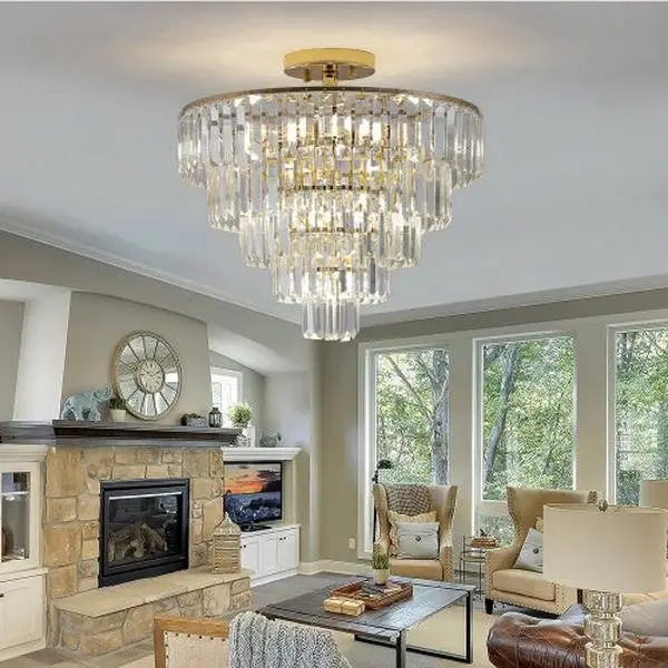 Luxe Divine Collection Golden Crystal Chandelier - 5-Layer Round Semi-Recessed Chandelier Lamp for Living Room, Dining Room, Bedroom & Corridor