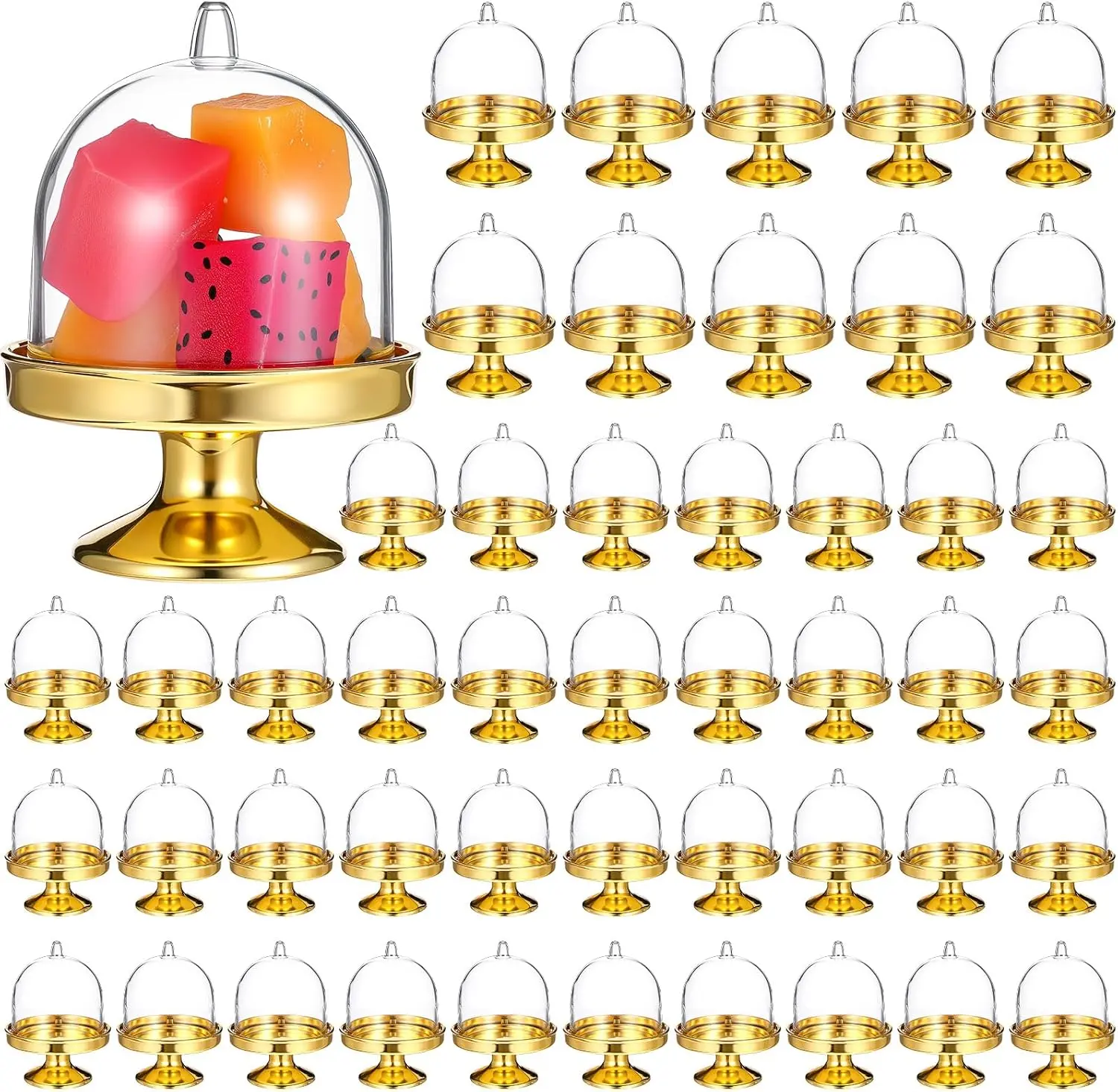 24-Pack Reusable Food Grade Mini Cake Stand & Dome Lid Set, Gold Base Transparent Smooth Surface Decor Display Tool - Ideal for Cupcakes, Donuts, Candy, Weddings, Birthdays, Baby Showers, Lightweight