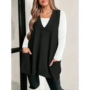 Plus Size Women’s Solid V-Neck Sweater Vest with Pockets, Casual Sleeveless Loose Pullover, Versatile Layering Knit Top